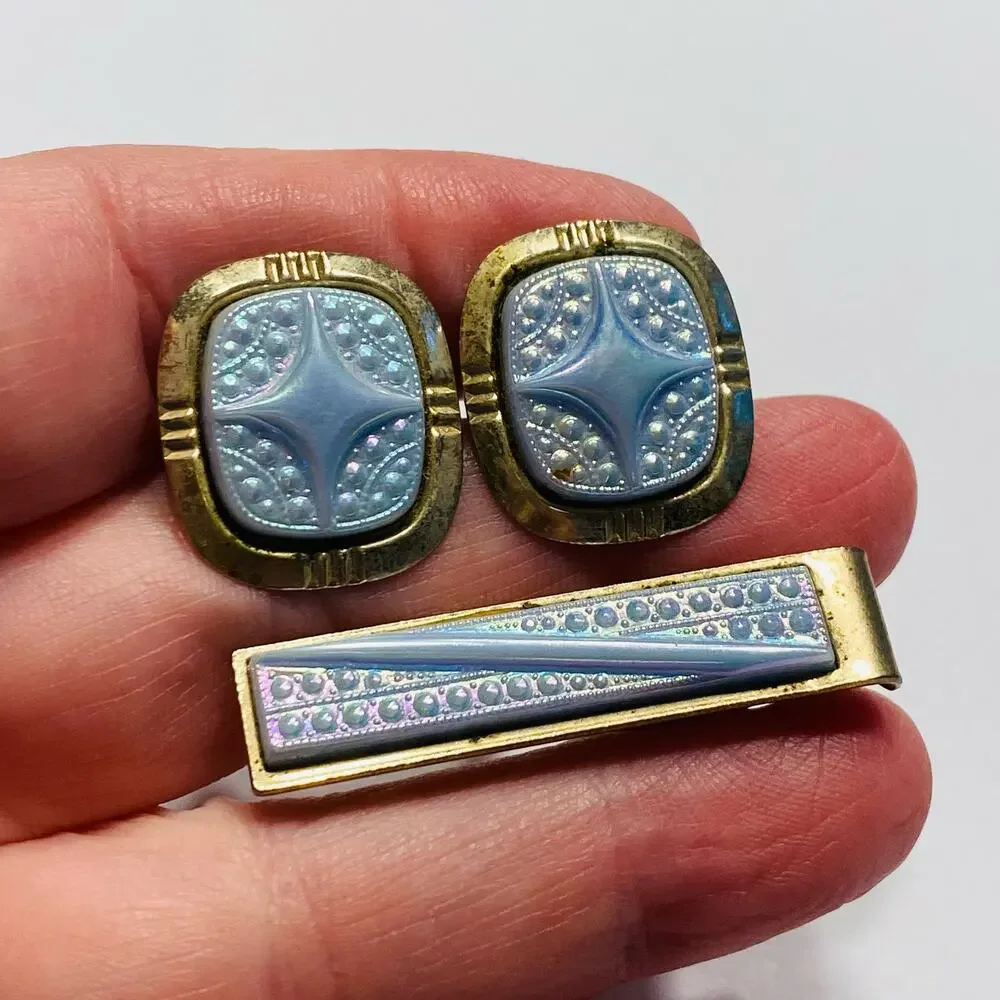 Vintage Mid Century Jewelry Set for Man Tie Bar Cufflinks Goldtone & Texture MOP